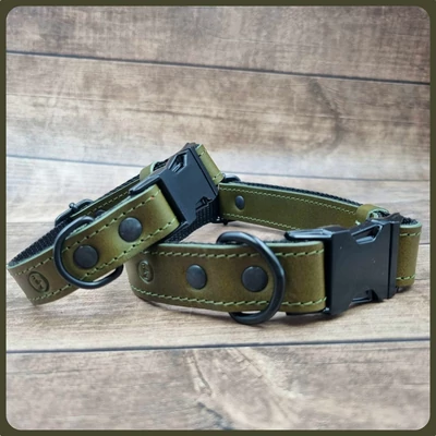 Milling Collar Natural bőr nyakörv fekete fém csattal - olívazöld